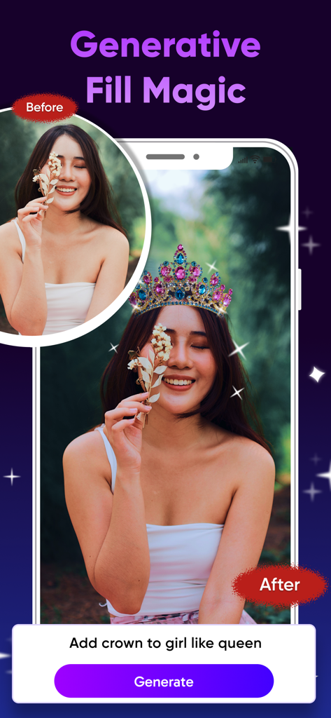AI Photo Enhancer : Photo App - Comparación antes y después de una mujer a la que se le añade una corona digital mediante relleno generativo con IA