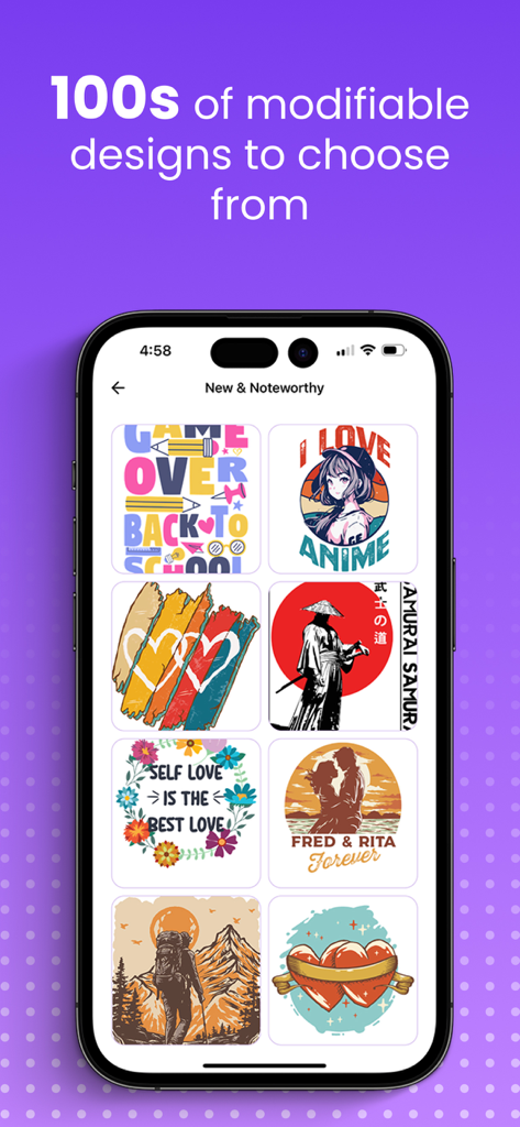 Uma tela de celular mostrando vários modelos de design de camiseta modificáveis, como estilos de anime, vintage e motivacional no aplicativo T-Shirt Designer Tool.