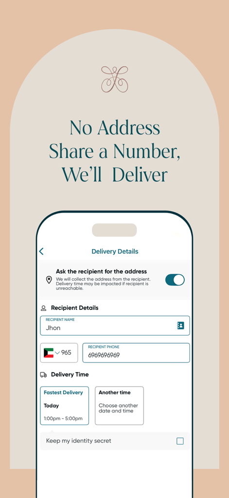 Floward app interface showing the feature to send gifts using only the recipient's phone number instead of a physical address