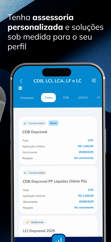 Daycoval - Daycoval App-Bildschirm mit Festgeldanlageoptionen wie CDB und LCI mit personalisierten Zinssätzen