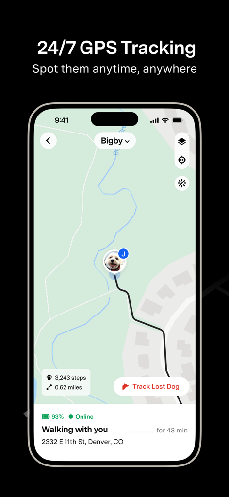 Schermata dello smartphone che mostra il tracciamento GPS del cane Fi 24 ore su 24, 7 giorni su 7 e la mappa della posizione.