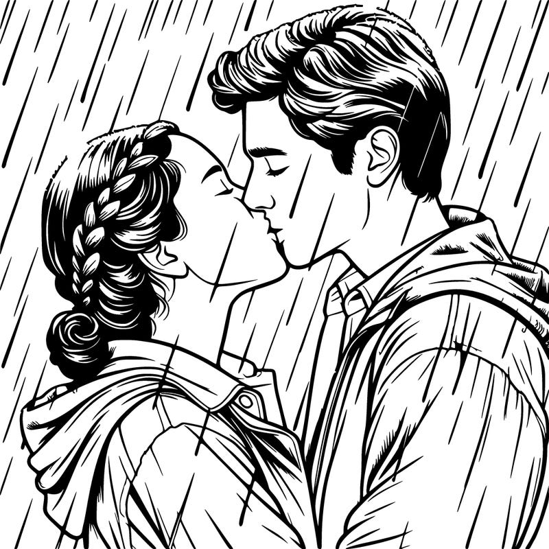 realistic couple in the rain kissing