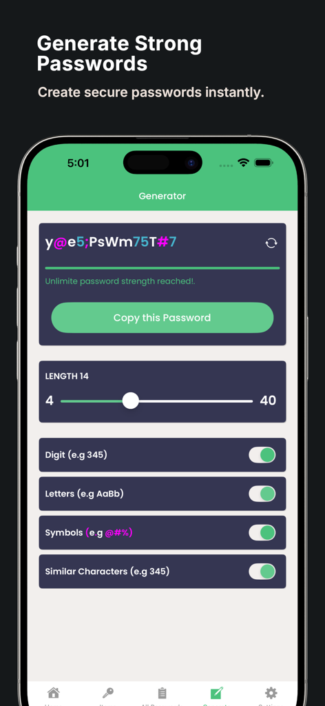Interface of the KeePass password generator feature on iPhone