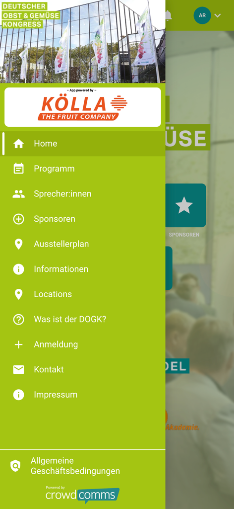 DOGK Event App - Side navigation menu of the DOGK Event App showing links to the program, speakers, and sponsors.