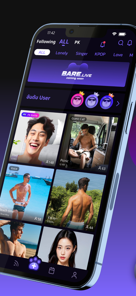Bare Live mobile app interface showing live stream thumbnails of creators and various social categories
