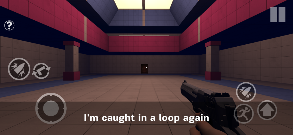Loop Forest Grandpa in Forest - First-person view of a character holding a gun in a large tiled room with on-screen text saying I am caught in a loop again.