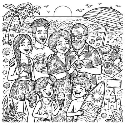 Gather your colors for a heartwarming summer family portrait at the beach, brimming with intergenerational joy. This delightful scene captures sunny vacation vibes, perfect for bringing to life with your unique palette.
