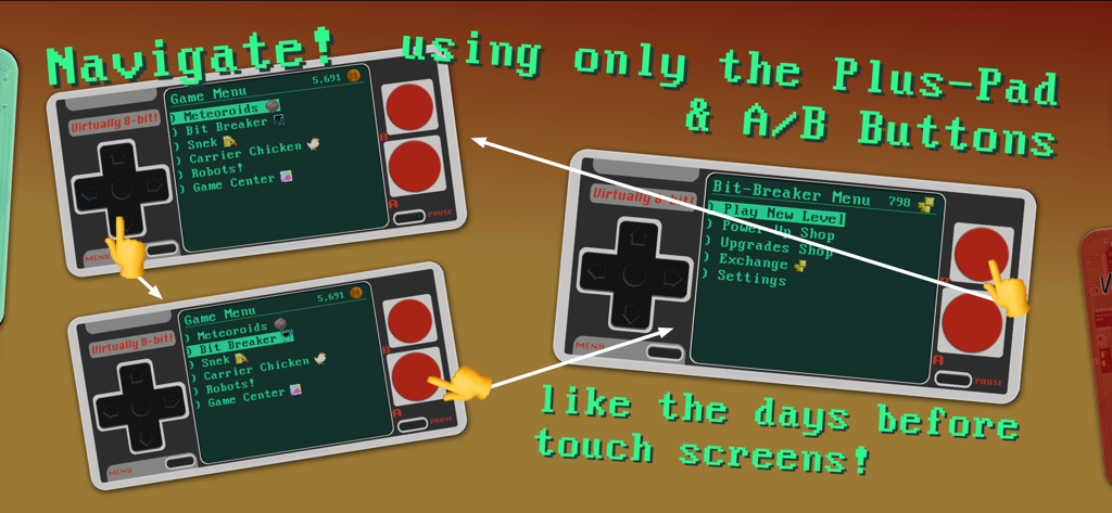 Virtually 8-bit! Game Console - A screenshot demonstrating navigation of the retro virtual console using a D-pad and classic A and B buttons.