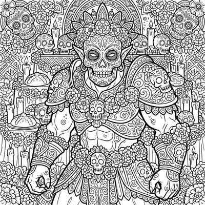 Delve into a captivating coloring experience where the ancient power of Fomorians meets the festive remembrance of Day of the Dead. This unique artwork showcases a formidable creature intricately adorned with sugar skulls and marigold garlands, offering a rich canvas for your artistic expression.