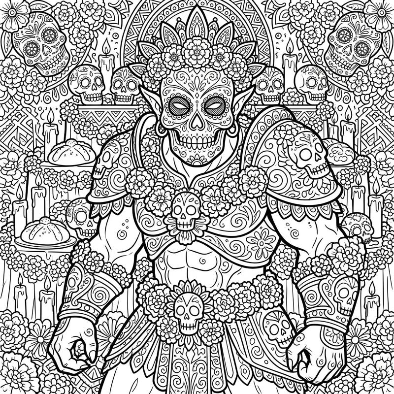Delve into a captivating coloring experience where the ancient power of Fomorians meets the festive remembrance of Day of the Dead. This unique artwork showcases a formidable creature intricately adorned with sugar skulls and marigold garlands, offering a rich canvas for your artistic expression.