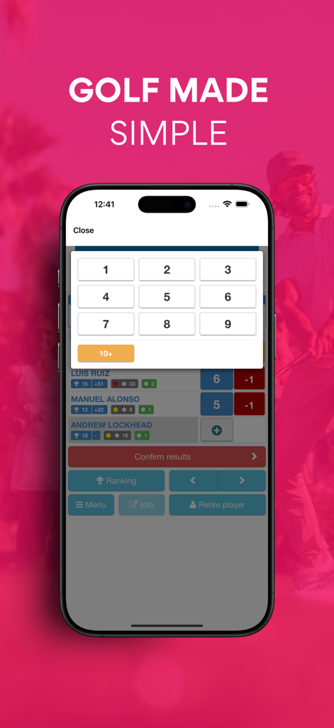 Golf Directo: Live Scoring - Pantalla móvil que muestra un teclado numérico para introducir puntuaciones de golf en la aplicación Golf Directo