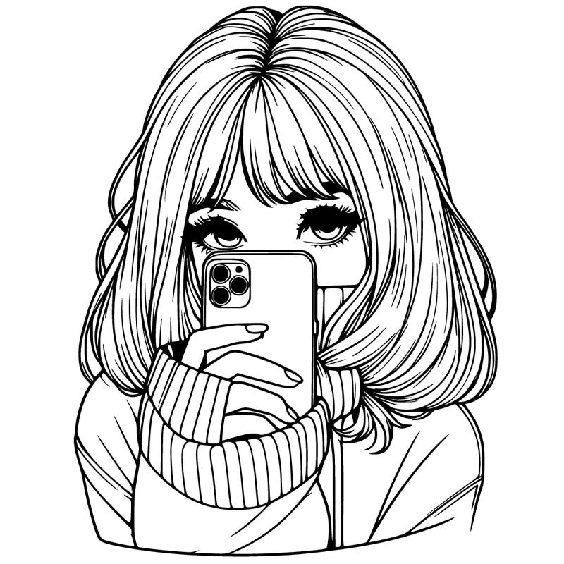realistic girl with phone hiding their face