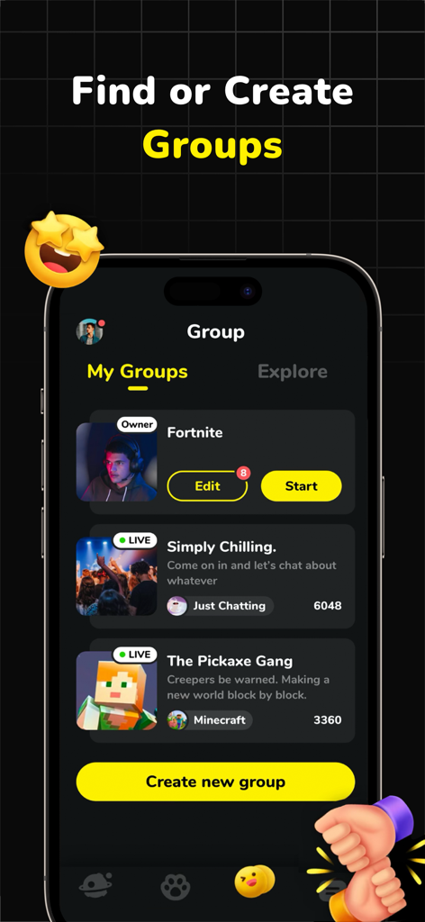 CastChat app screen showing gaming and social chat group lobbies for Fortnite and Minecraft
