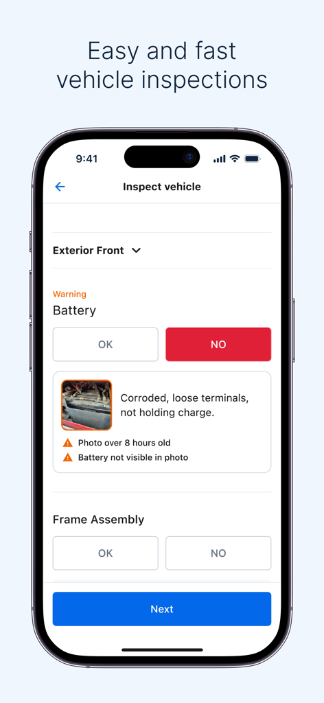 Samsara Driver app interface for easy and fast vehicle inspections showing a battery warning and maintenance report.