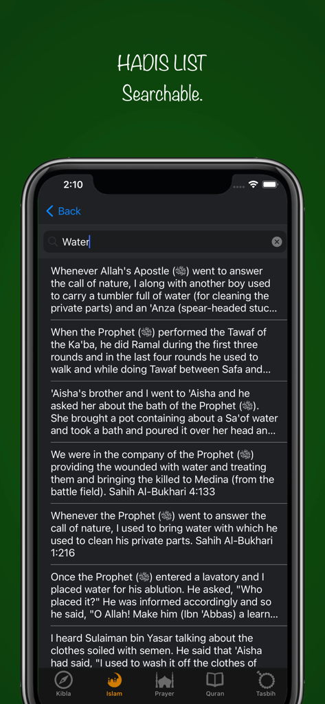 Muslim Watch - A searchable list of Hadiths within the Muslim Watch app showing results for the keyword water