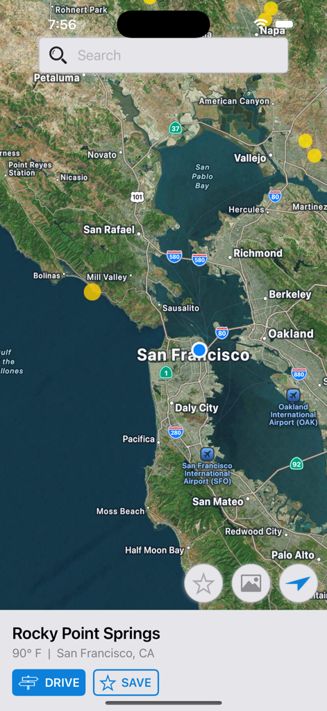 US Hot Springs - Map view of Rocky Point Springs in San Francisco on the US Hot Springs app showing its temperature and location