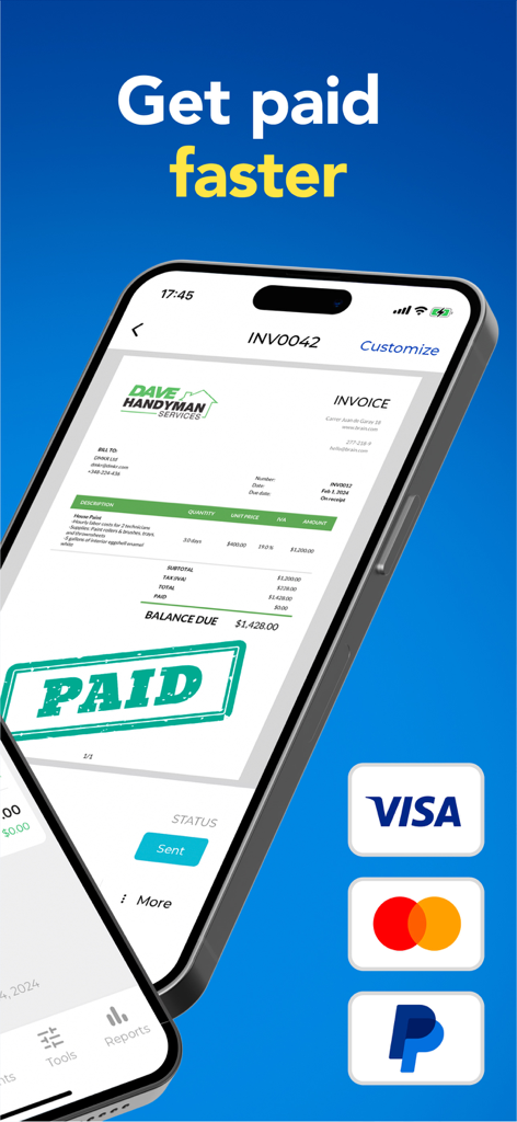 Invoice Maker - Invoice Fly - A smartphone screen displaying a professional handyman invoice with a paid stamp and payment options for Visa Mastercard and PayPal