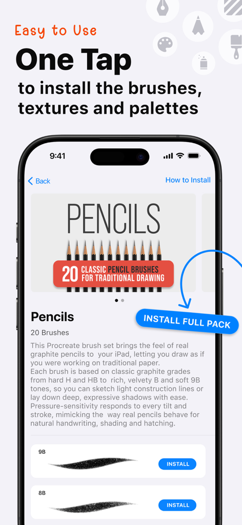 Brushes for Procreate & Tools - Procreate用の20のクラシック鉛筆ブラシパックをインストールするためのワンタップボタンを示すアプリインターフェイス。