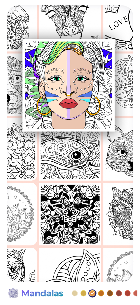 Mandalas coloring pages relax - Digital coloring app interface showing a variety of mandala and portrait designs for stress relief.