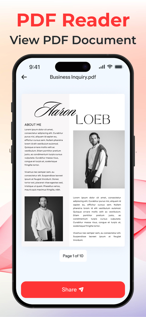 All PDF Reader - iPhone画面にビジネス問い合わせ文書を表示するAll PDF Readerアプリのインターフェイス