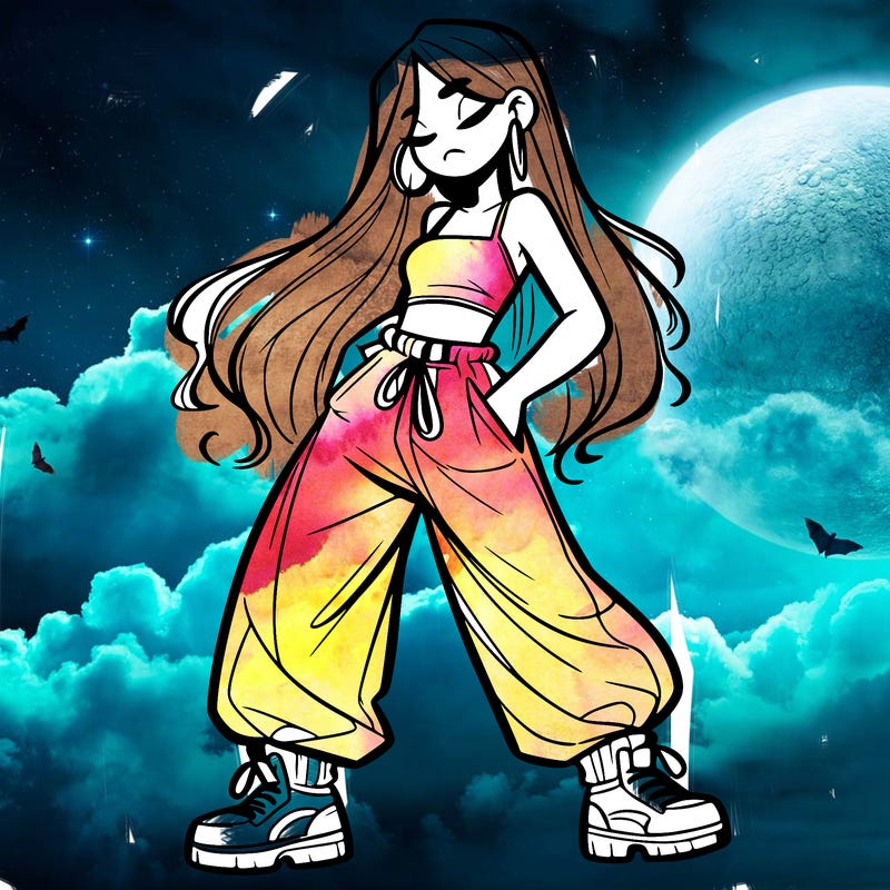 girl in baggy pants crop top and long hair