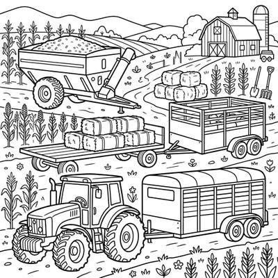 Discover the bustling world of a working farm with this engaging coloring page featuring various agricultural trailers and a powerful tractor. Perfect for anyone who loves farm machinery and rural landscapes, it's ready for your creative touch.
