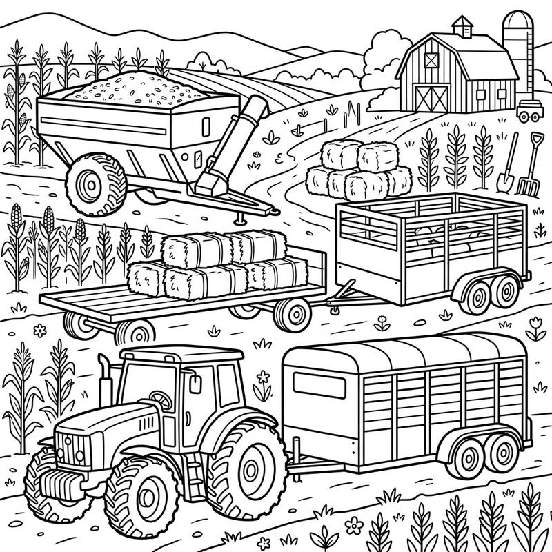 Discover the bustling world of a working farm with this engaging coloring page featuring various agricultural trailers and a powerful tractor. Perfect for anyone who loves farm machinery and rural landscapes, it's ready for your creative touch.