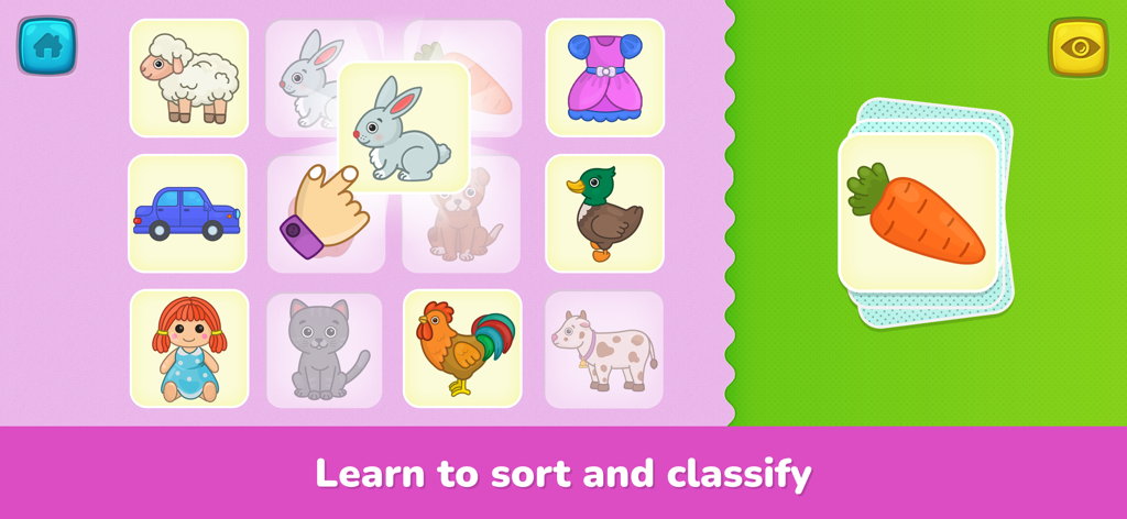 Toddler learning games for 2-4 - A toddler learning game screen showing interactive flashcards for sorting and classifying animals and objects.