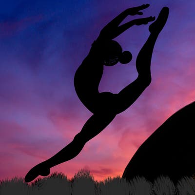 gymnast doing a leap in a leotard with a bent back leg