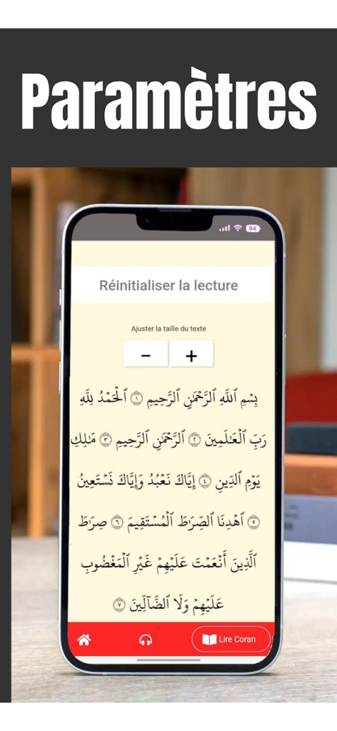 Coran Mp3 Kamil - Pantalla de smartphone que muestra la configuración de ajuste del tamaño del texto para leer el Corán en la aplicación Corán Mp3 Kamil