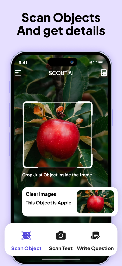 A mobile interface of the Scout AI app showing a camera frame scanning a red apple on a tree to identify the object