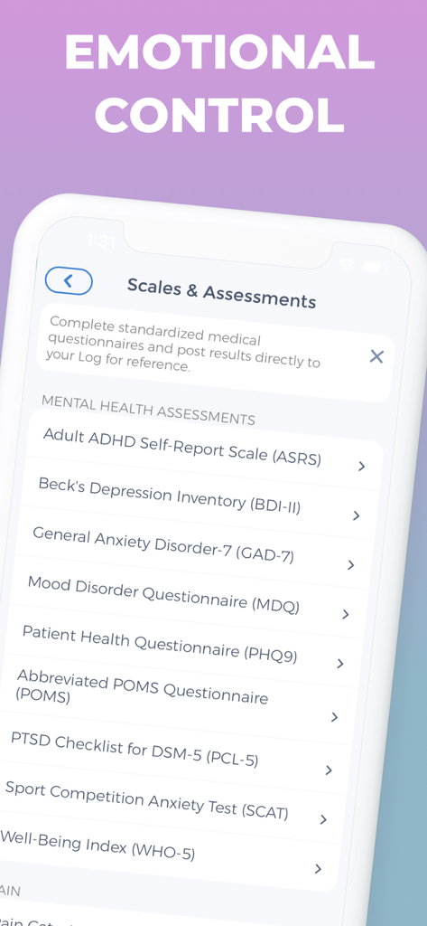 BPD Tracker - BPD Tracker interface displaying a list of standardized mental health assessments and scales for emotional control