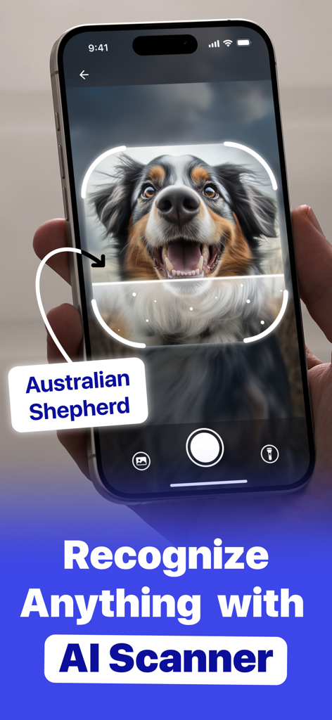 AI Scanner app interface identifying an Australian Shepherd dog breed through a smartphone camera