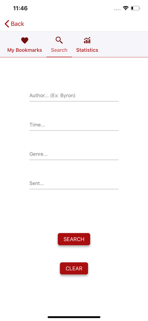 Interfaccia di ricerca dell'app A Text A Day con filtri per epoca dell'autore e genere