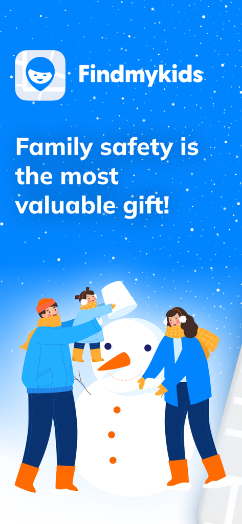 A family building a snowman with the Findmykids app logo and a slogan about family safety