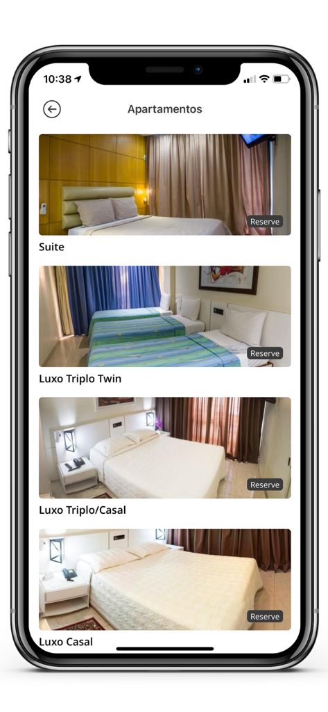 Nacional Inn Hotéis - Nacional Inn Hotéis용 사진 및 예약 버튼이 있는 다양한 호텔 객실 옵션을 보여주는 모바일 앱 화면