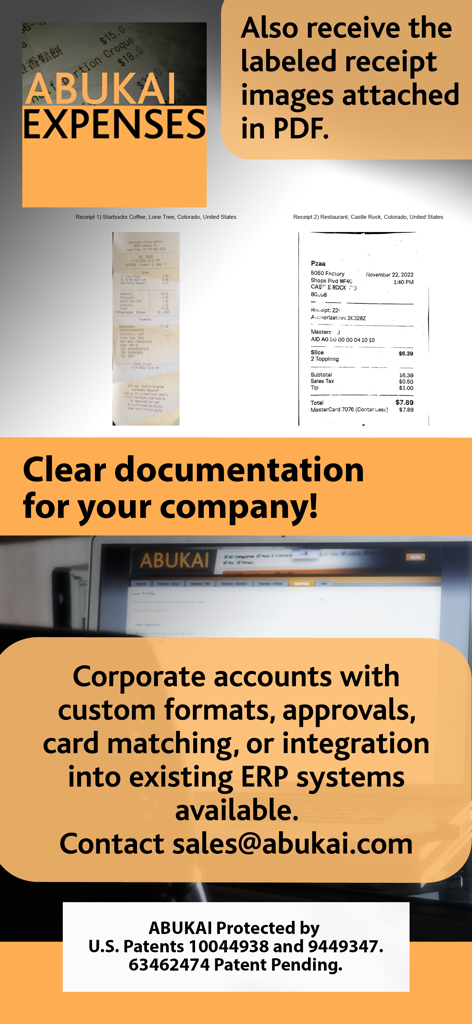 ABUKAI Expense Reports Receipt - ABUKAI app display showing scanned receipts and corporate account integration features for expense reporting.