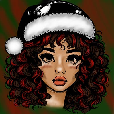 realistic girl with a santa hat curly hair and lips
