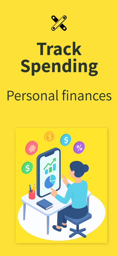 Fluxi: Expense Tracker - Illustration d'une femme analysant ses dépenses et ses finances personnelles sur un écran d'application mobile avec des graphiques et des icônes financiers.