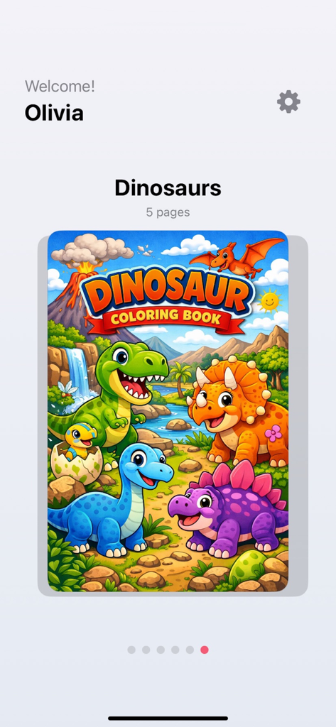 KidsFun Coloring Books - オリビアのユーザープロフィール向けの恐竜テーマのお絵かき帳の表紙を表示しているKidsFunお絵かき帳アプリのウェルカム画面