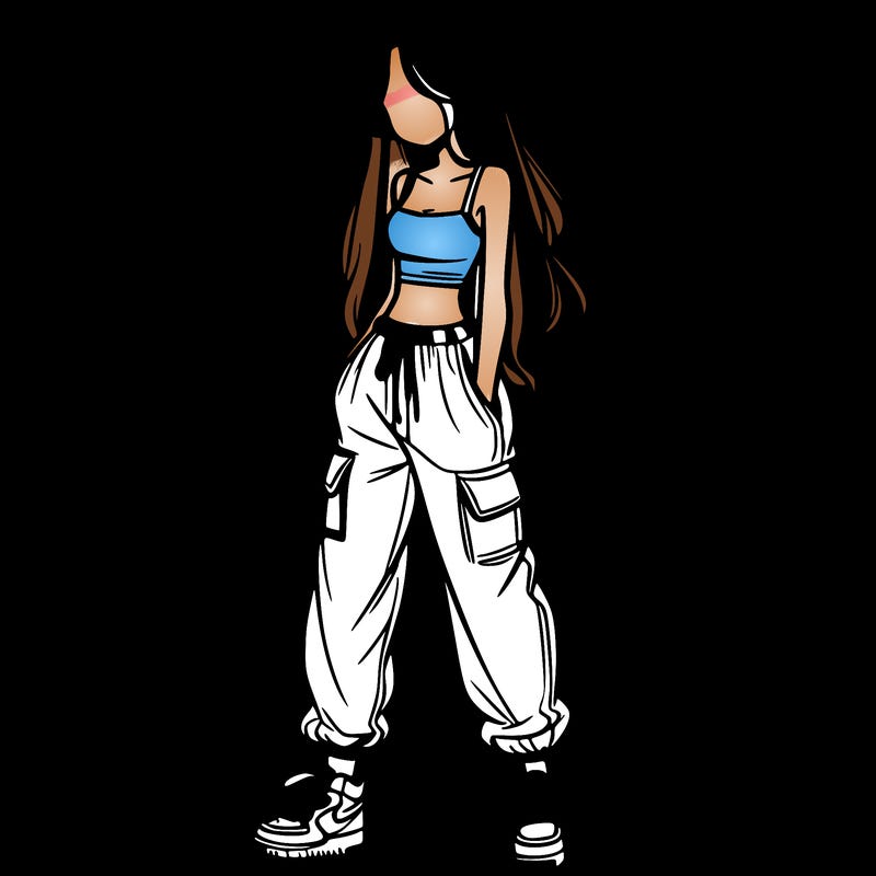 girl in baggy pants crop top and long hair