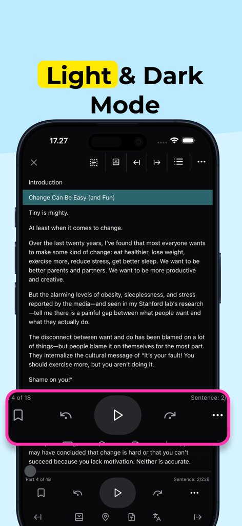 Interfaz de la aplicación móvil TTS Reader Pro que muestra un documento de texto en modo oscuro con controles de reproducción