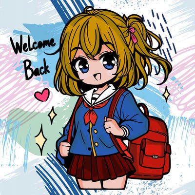cute manga girl going to school and saying welcome back