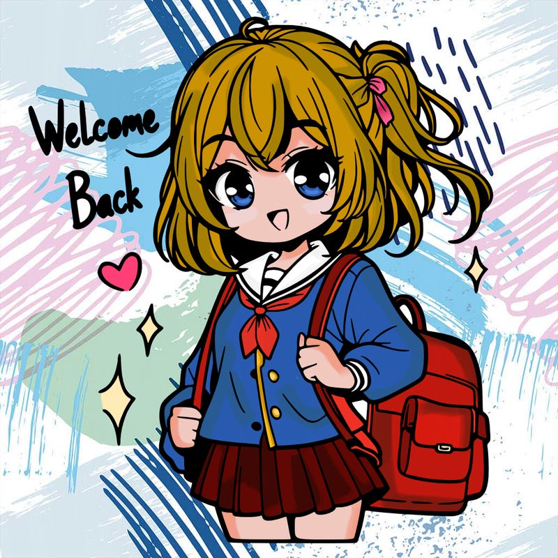 cute manga girl going to school and saying welcome back