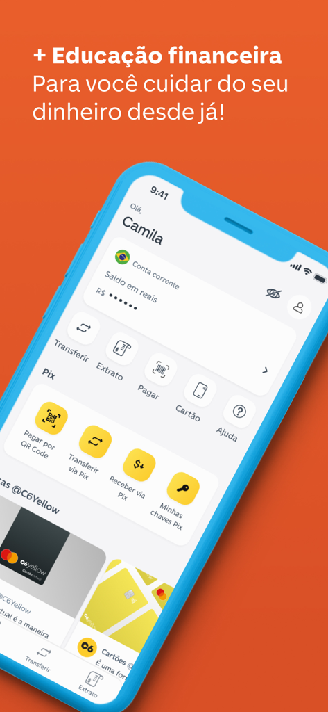 C6 Yellow Mobile-Banking-Dashboard, das den Kontostand und Pix-Zahlungsoptionen für Jugendliche anzeigt