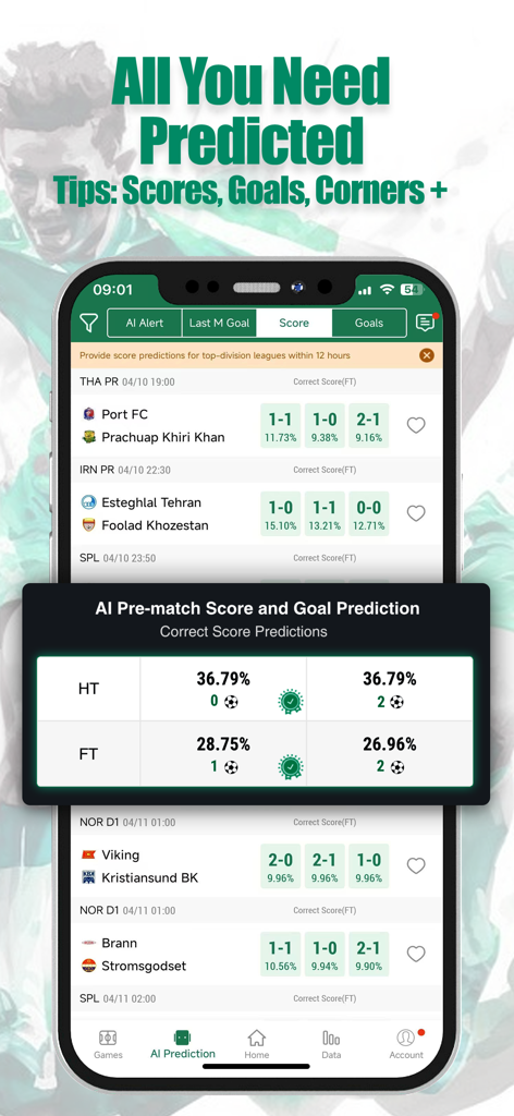 FootballAnt: Live Scores & Tip - Pantalla de la aplicación móvil FootballAnt que muestra predicciones de fútbol con IA y probabilidades de marcador correcto