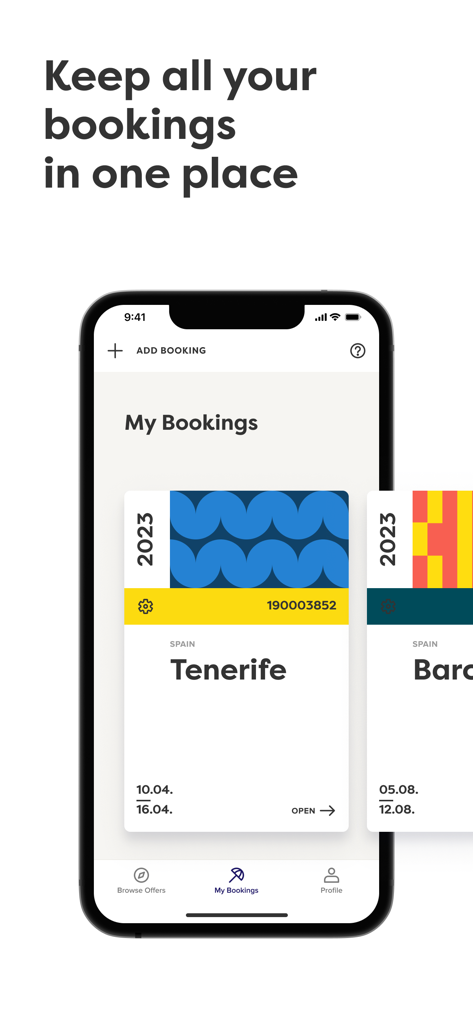My Apollo - My Apollo旅行アプリのインターフェース。テネリフェとバルセロナの整理された休暇予約が表示されています。