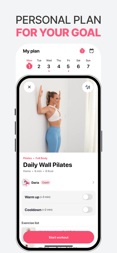 Interface of Fitny app displaying a daily wall pilates exercise plan with a professional coach