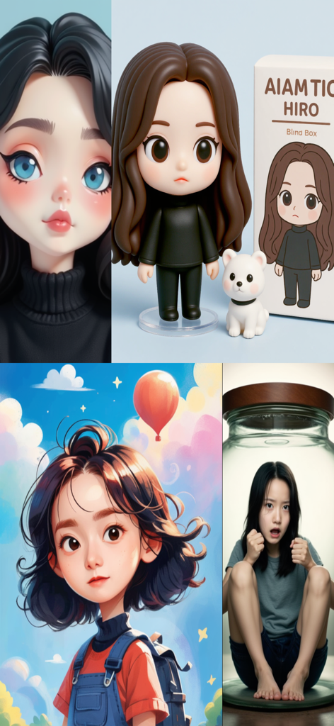 AI Artistic: Wan Video - Uma colagem de diversos estilos de arte gerados por IA, incluindo uma figura de brinquedo 3D, uma ilustração de anime e uma garota dentro de um frasco de vidro.