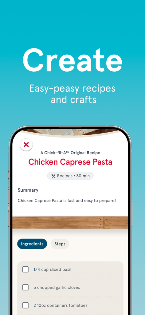 Chick-fil-A Play - Recipe for Chicken Caprese Pasta in the Chick-fil-A Play app